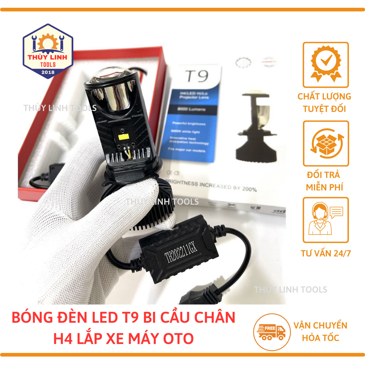 Đèn pha led bi cầu t9 chân h4 siêu sáng - thùy linh tools