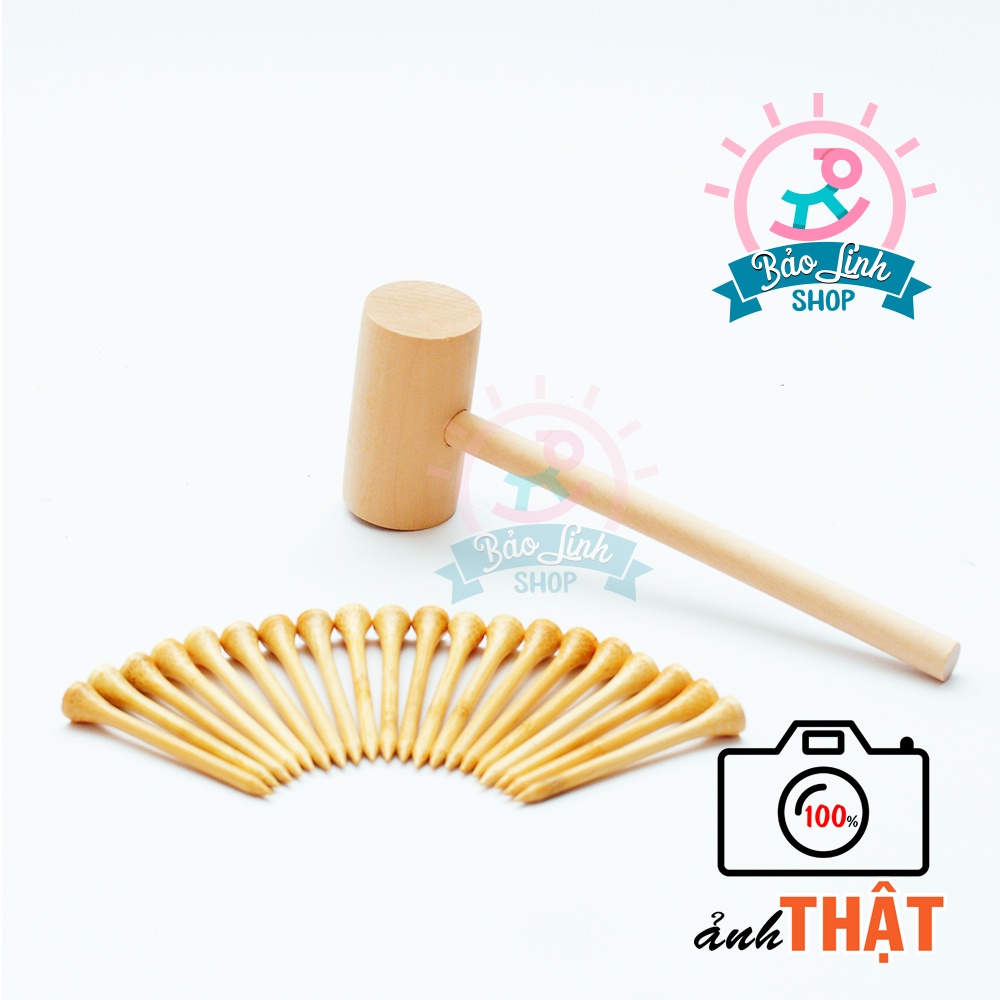 Đồ chơi cho bé 1-2 tuổi - Set búa gỗ kèm 20 đinh tre giúp bé rèn vận động tinh, tăng tập trung kiên nhẫn