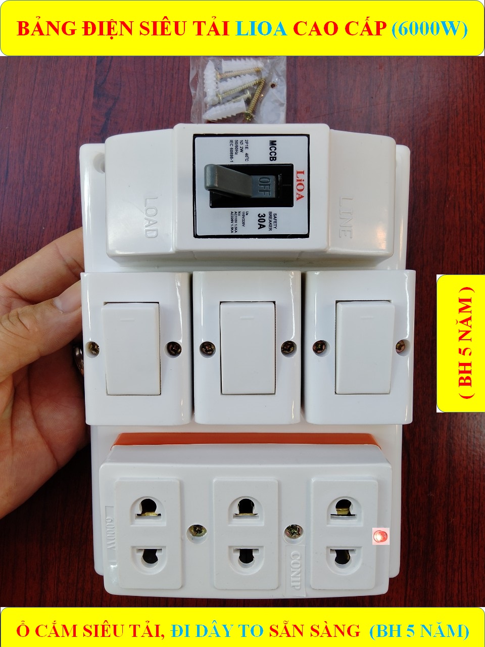Bảng điện nổi CHỊU TẢI CAO 6000W CONIP (BH 5 NĂM) + 3 Công tắc + 1 Ổ cắm SỨ SIÊU TẢI 6000W lò xo chống giãn + Đã đi dây TO sẵn sàng + Bộ ốc vít lắp đặt (bộ 1 sp)