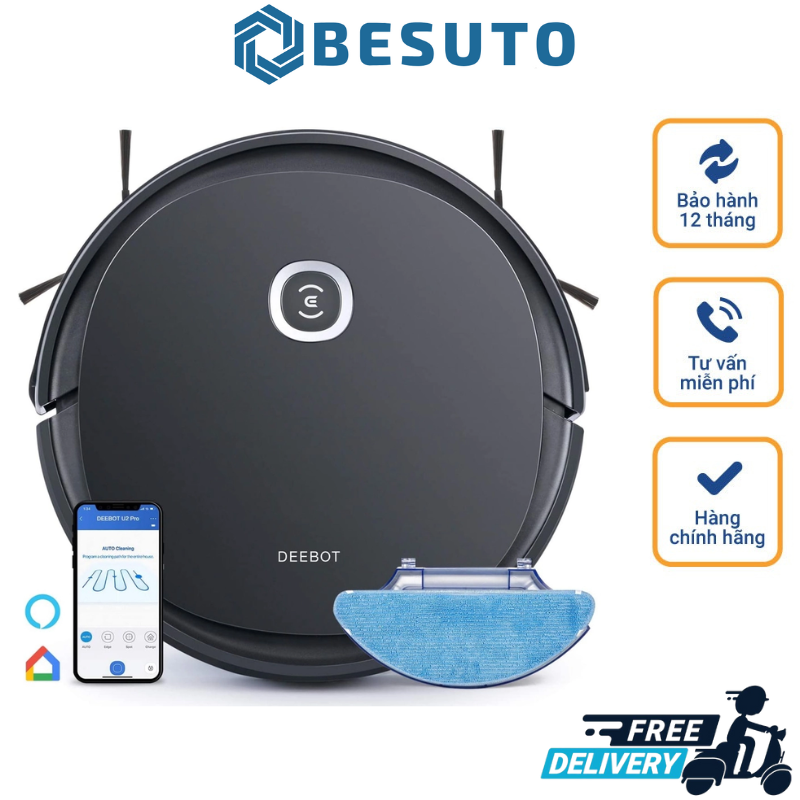 ECOVACS DEEBOT U2 PRO 2-in-1 Robotic Vacuum Cleaner with Mopping, Strong Suction, Smart App Enabled, Google Assistant & Alexa for Hard Floor, Tiles, Carpet & Wood