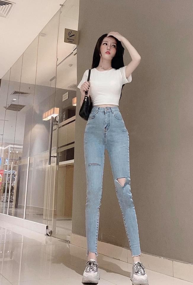 Quần jean nữ lưng cao rách xẻ gối phối rách lai 1 bên mẫu mới nhất sd3-16