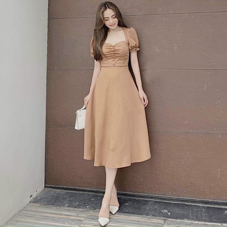Đầm váy nhúng ngực nút bọc 2 màu