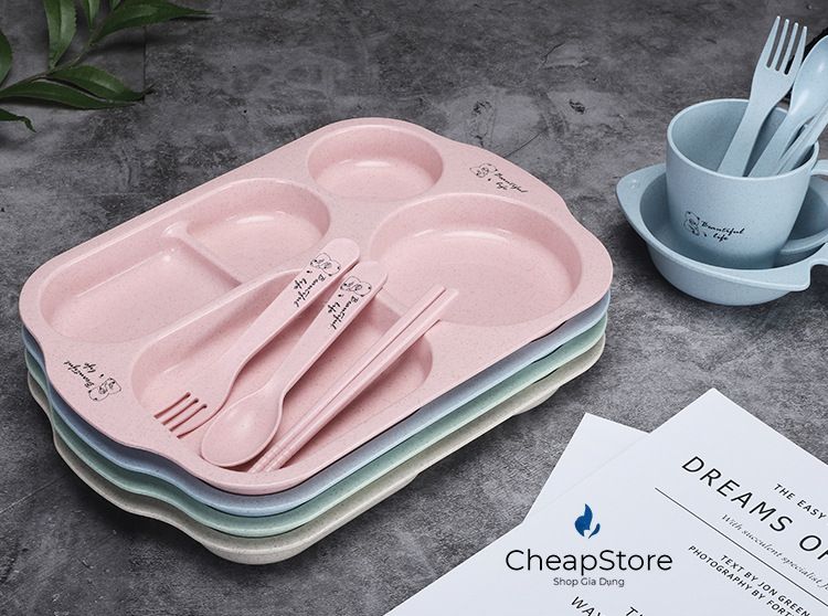 Bộ Khay ăn dặm lúa mạch hình cá, Bát ăn dặm lúa mạch 6 món,  Dĩa Chén tập ăn cho bé  ( Khay, Ly, Bát, Thìa, Nĩa, Đũa )