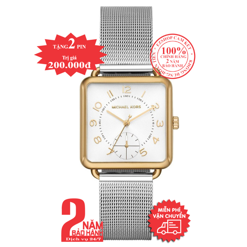 Đồng hồ nữ MK MK3846 mặt vuông, size 31mm , vỏ màu Vàng (Gold), mặt màu Bạc (Silver)- Model no: MK3846