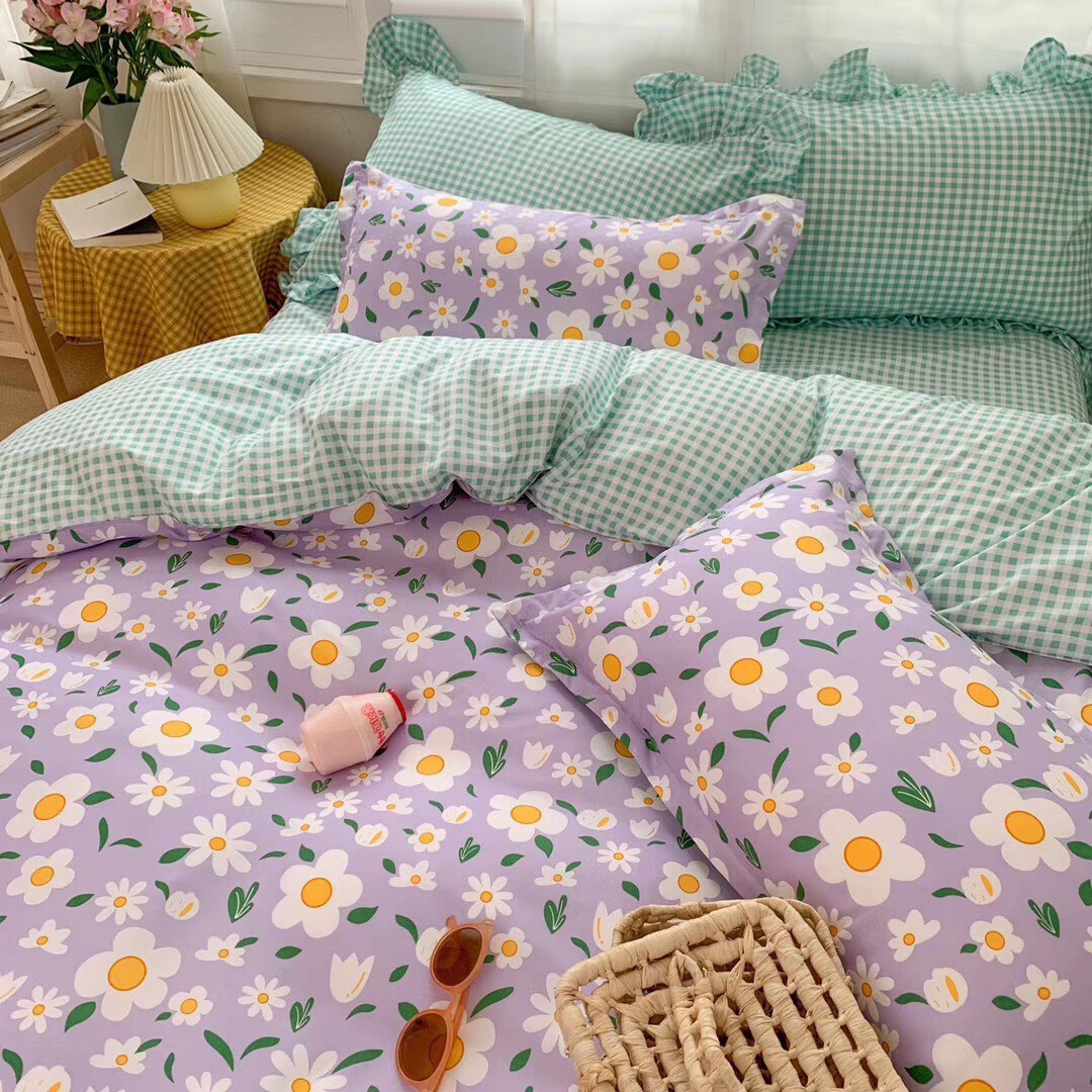 Trọn Bộ 4 Món Chăn Ga Gối Cotton Poly Nhập Mẫu HOA TÍM MỘNG MƠ