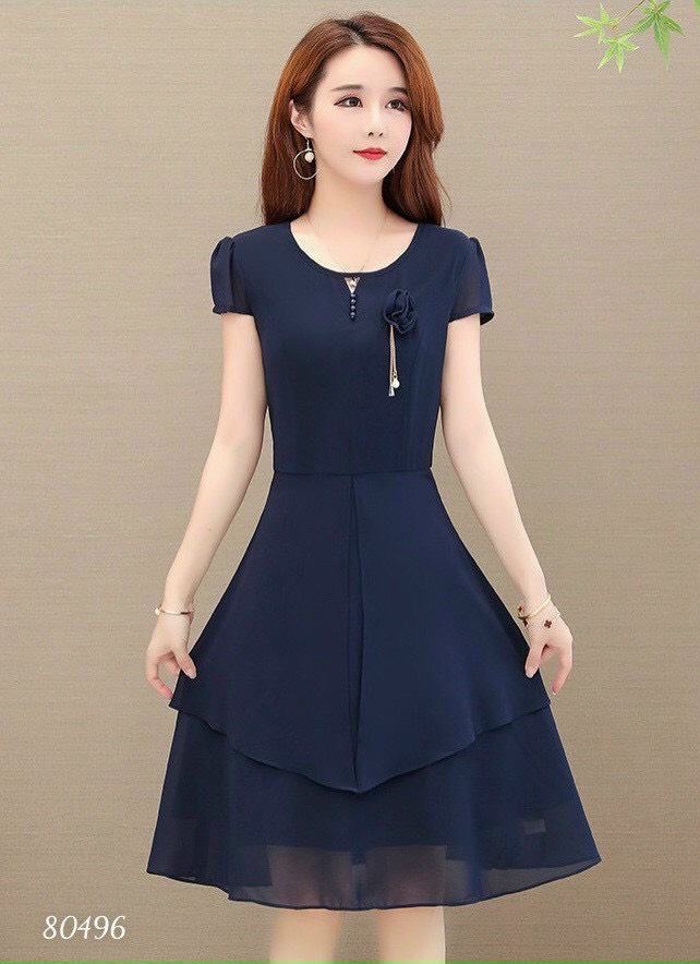 Đầm váy công sở voan ý đính hoa 2 lớp cao cấp th
