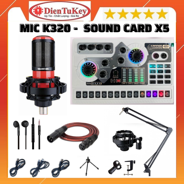 Bộ sound card x5, micro takstar pc k320 kèm tai nghe chuyên hỗ trợ nguồn 48v hát autotune , livestream , thu âm