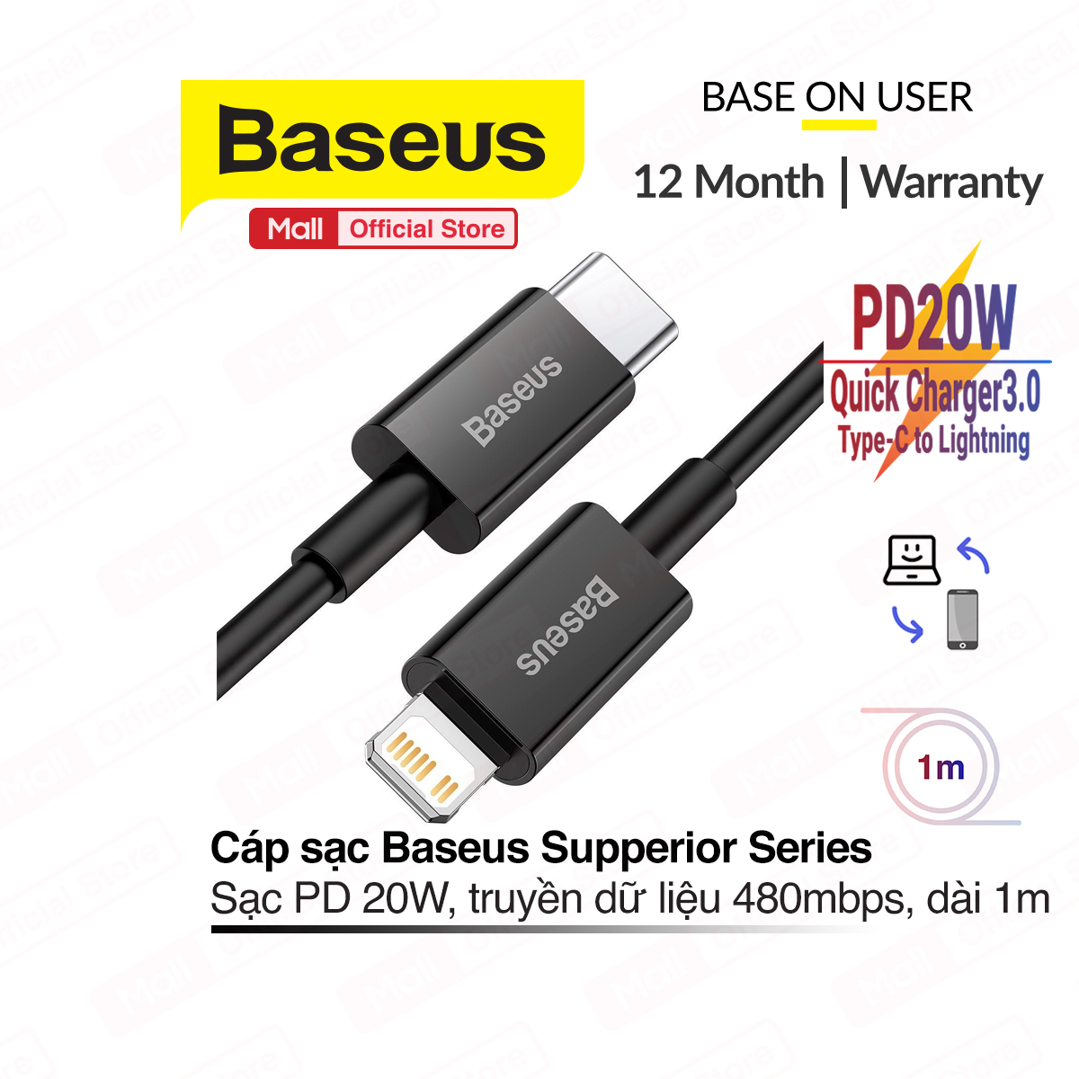 Cáp sạc nhanh Baseus Superior Series Type-C to Lightning sạc nhanh PD 20W Q.C 3.0 hỗ trợ truyền dữ liệu thích với nhiều dòng hệ điều hành IOS dài 1m