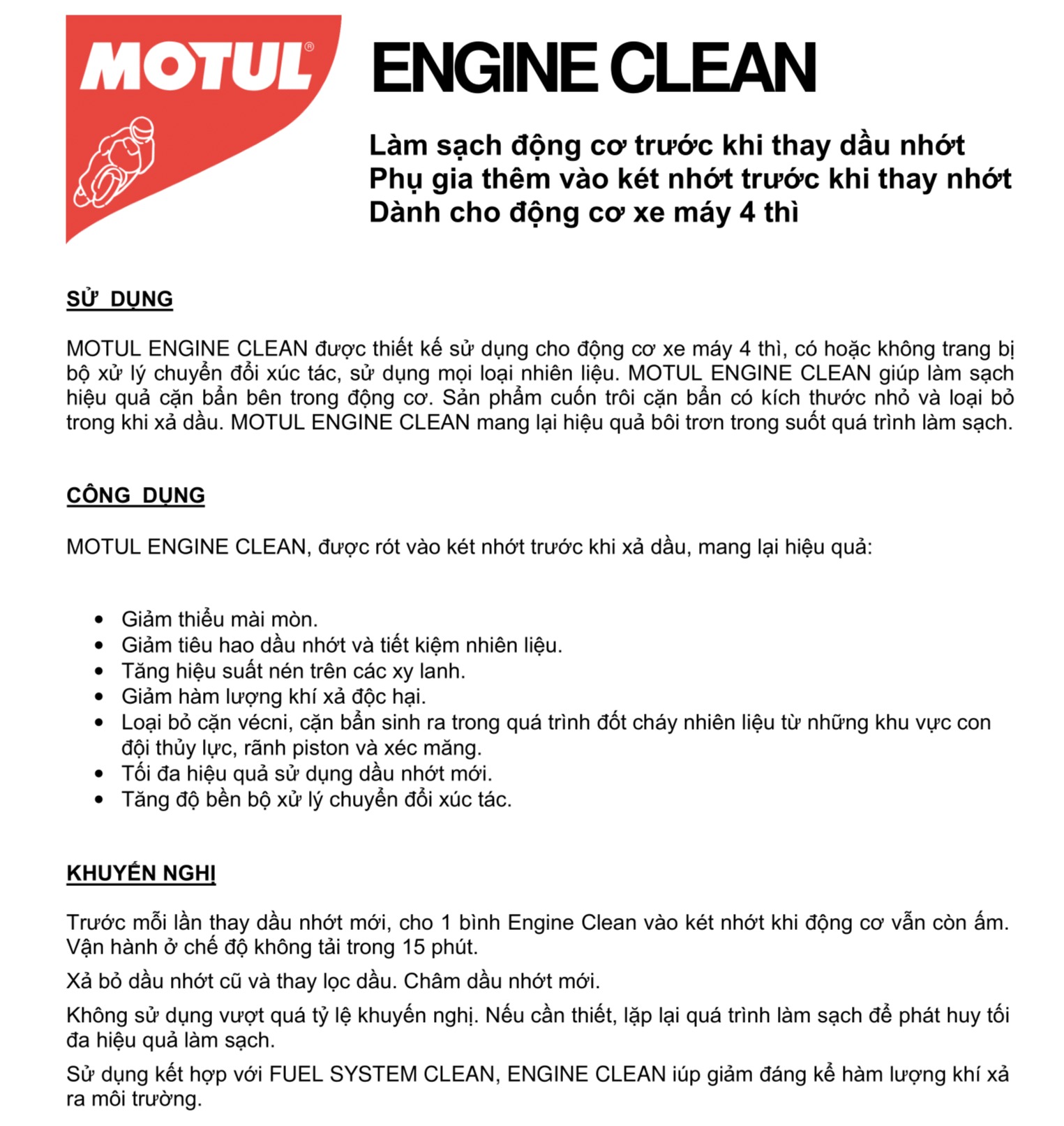 Phụ gia vệ sinh động cơ xe máy - ENGINE CLEAN MOTO 200ml