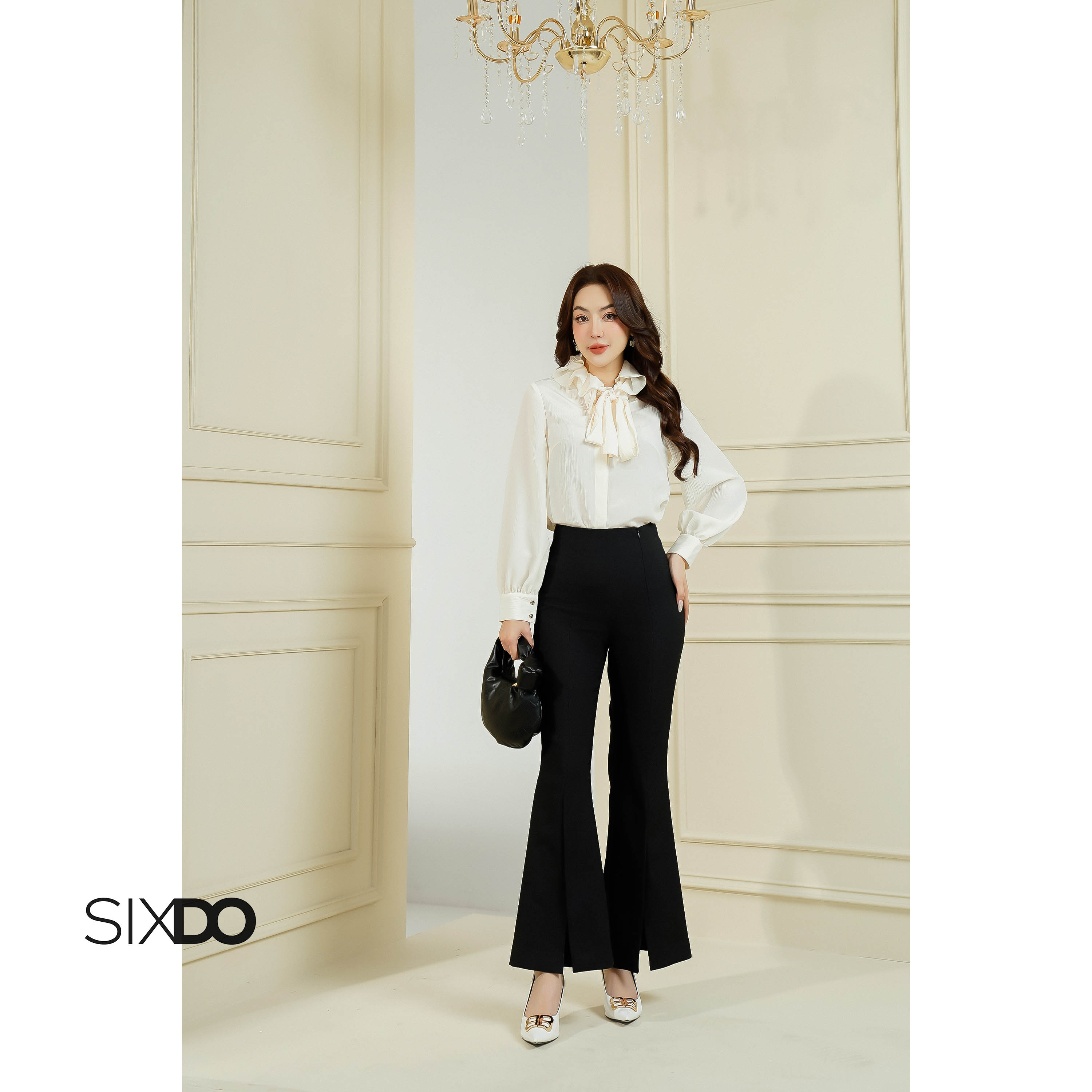 Áo sơ mi nữ cổ bèo SIXDO (Cream Long Sleeves Woven Shirt)