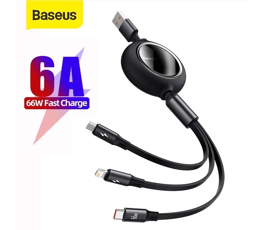 CÁP SẠC NHANH BASEUS DÂY RÚT 3 ĐẦU 66W TYPE-C TO M+L+C