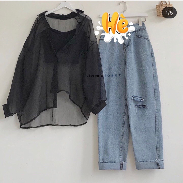 Set baggy rách + set sơ mi