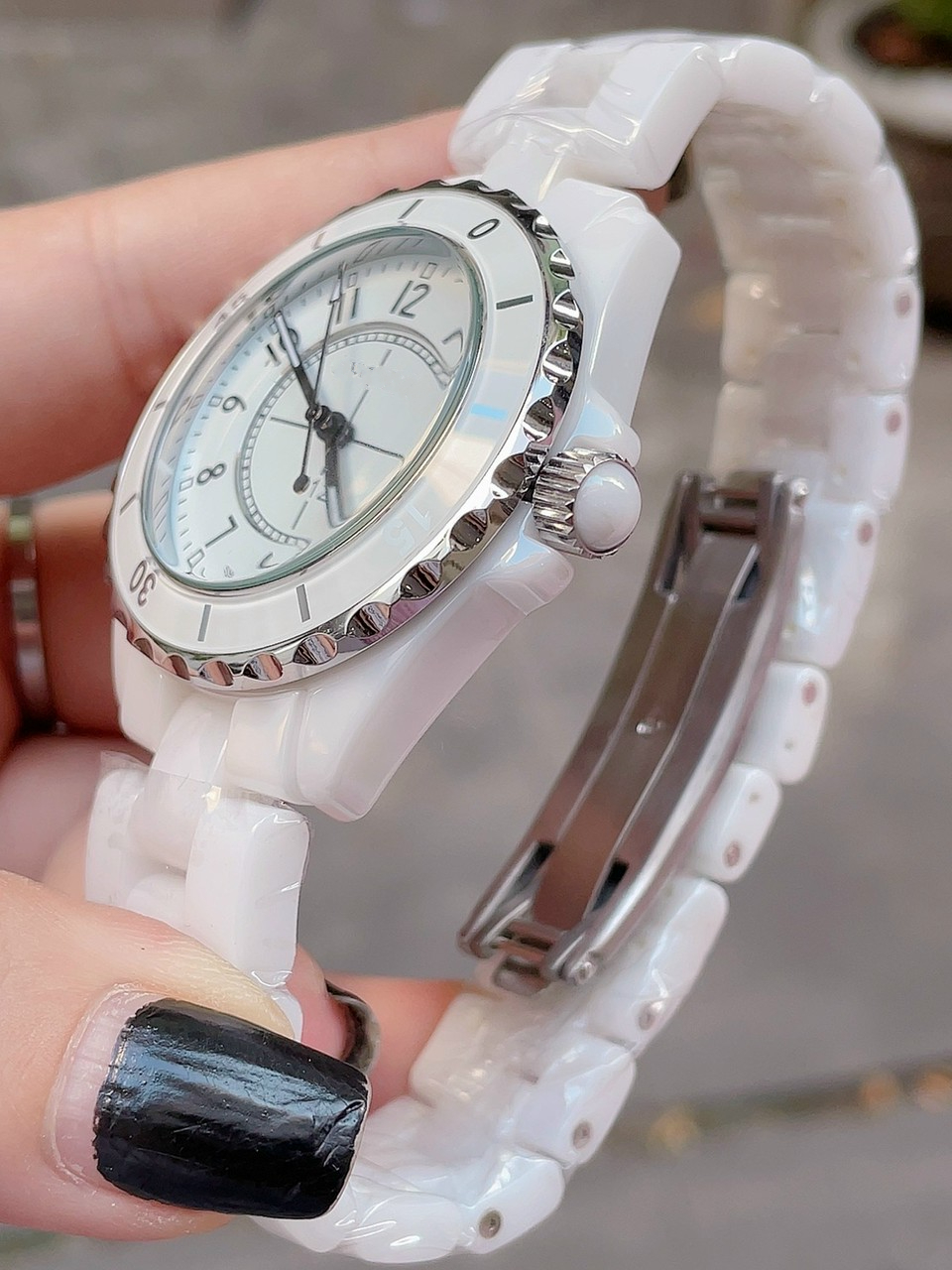 [HCM]Đồng hồ nữ CHỜNEL dây đá ceramic màu đen/trắng ,mặt số - size 34mm(DNHJ12BW)