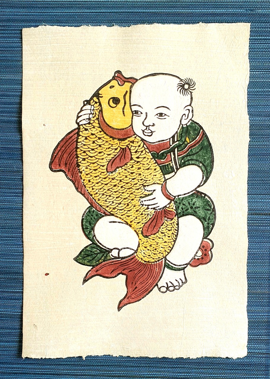 Little Boy Holding Carp - Dong Ho folk woodcut painting