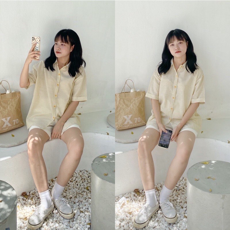 Áo sơ mi cộc tay kẻ sọc chất xốp