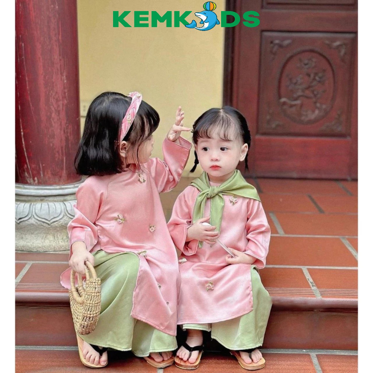 Sét áo dài cách tân Kem kids thêu hoa kèm mấn cho bé gái size 10-30kg, ao dài mặc tết | Lazada.vn