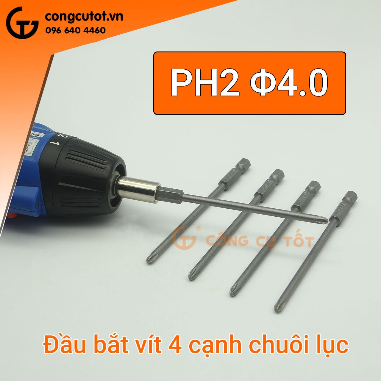 Bộ 5 đầu bắt vít 4 cạnh PH2 dài 100mm chuôi lục