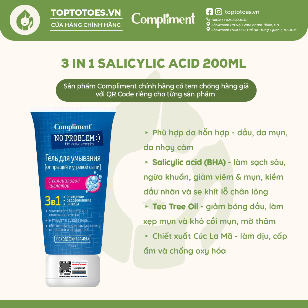 Gel rửa mặt BHA Compliment No Problem giảm viêm mụn 200ml