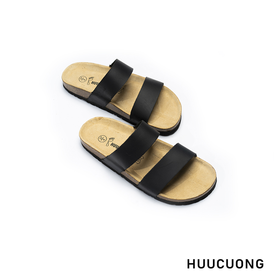 Dép unisex 2 quai da bò đen đế trấu