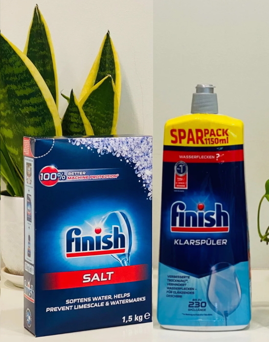 Combo muối finish 1.5kg + 1150 nước làm bóng bát finish chuyên dùng cho máy rửa bát
