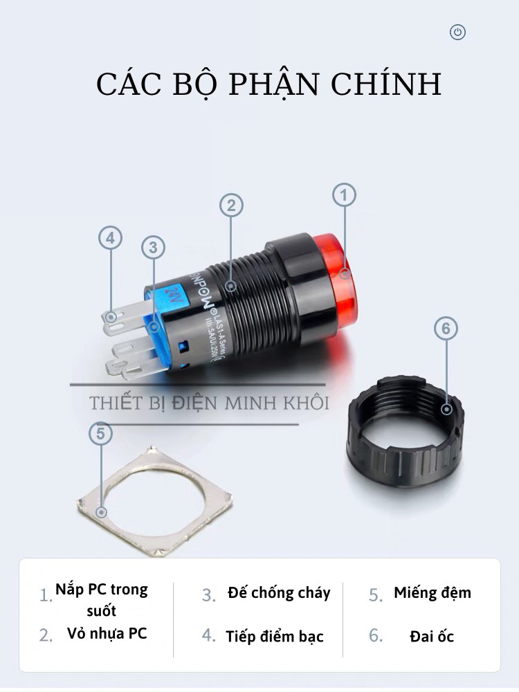nút nhấn phi 16 tròn, nút nhấn đề phi 16mm có đèn