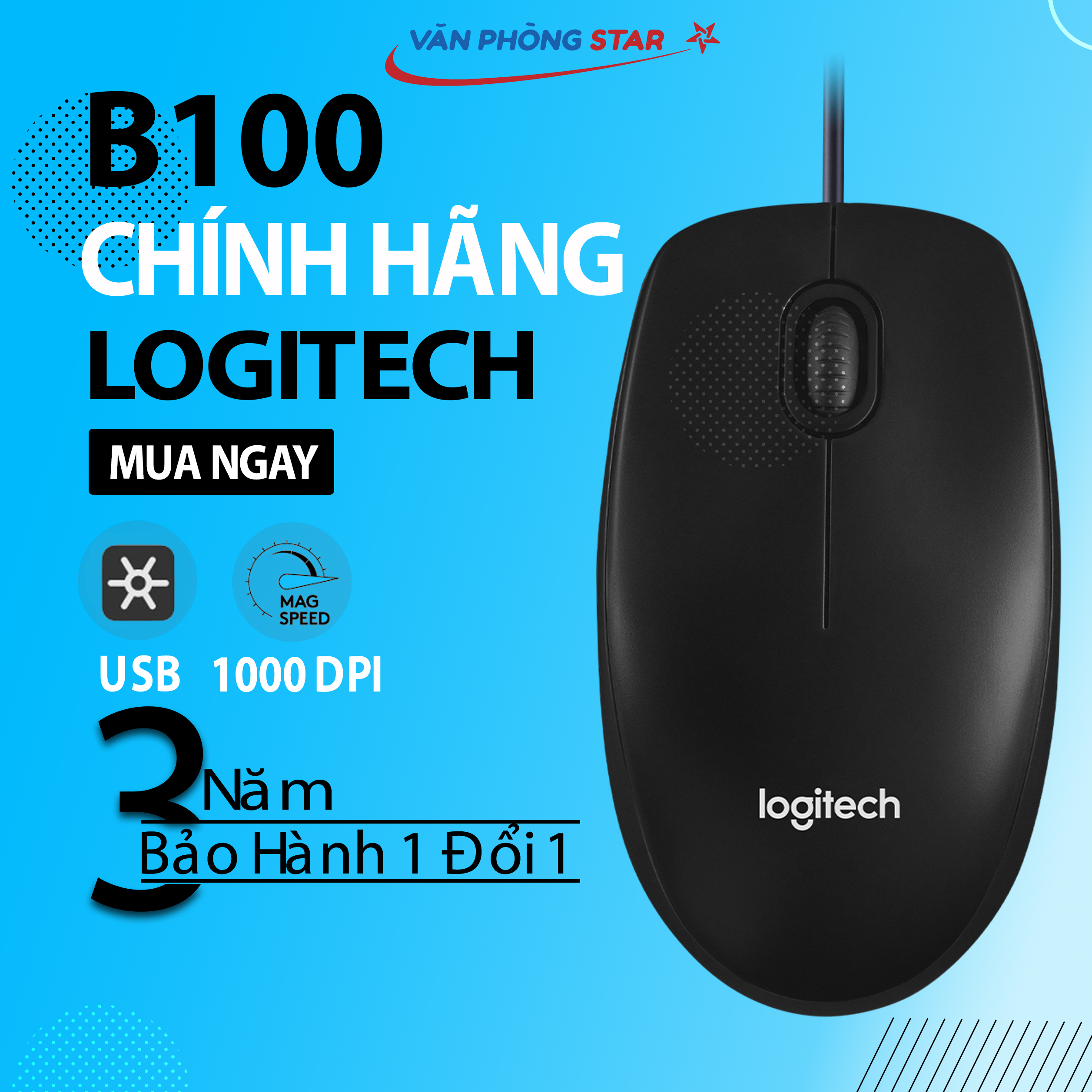 [FREESHIP] Chuột dây máy tính Logitech B100 chính hãng kết nối cổng USB dùng cho PC laptop, độ phân giải 800 DPI, có độ bền cao, chuột di nhạy, BẢO HÀNH 3 NĂM logitech theo số serial - Vanphongstar