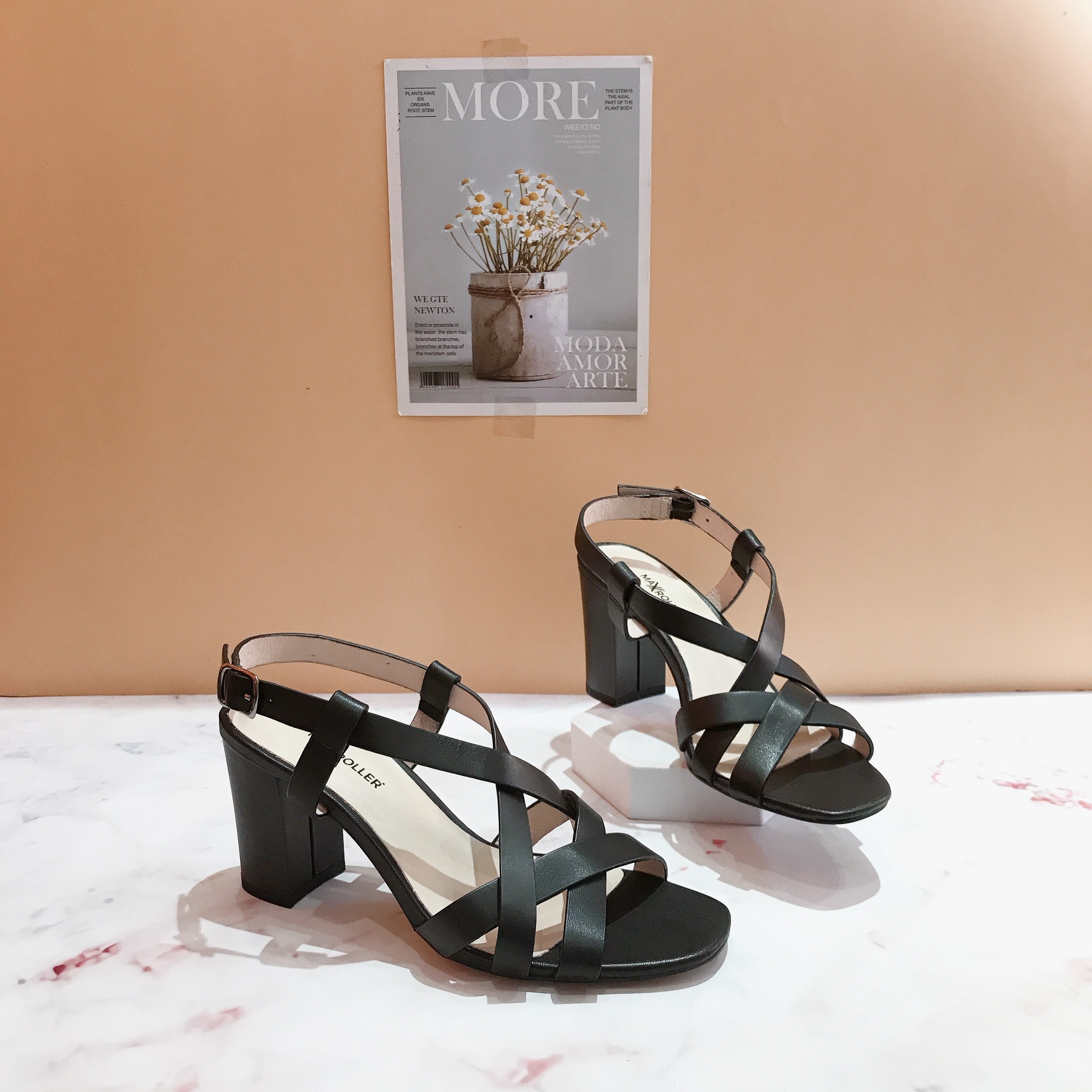 Sandal nữ 7cm gót vuông da thật Maxroller siêu êm (sandal da bò Ý xuất Nhật, ảnh và video của shop)