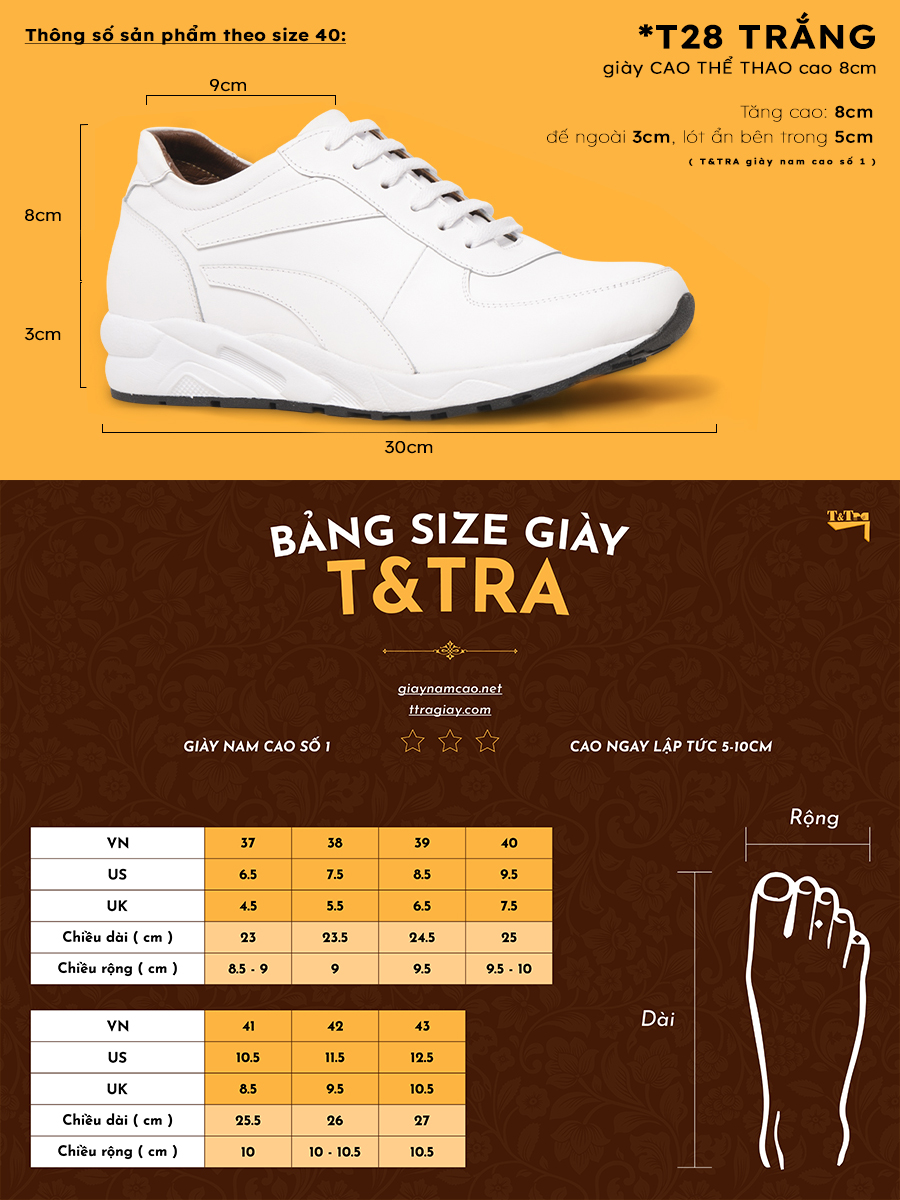 Giày Cao Nam T&TRA T28 Trắng cao 8CM