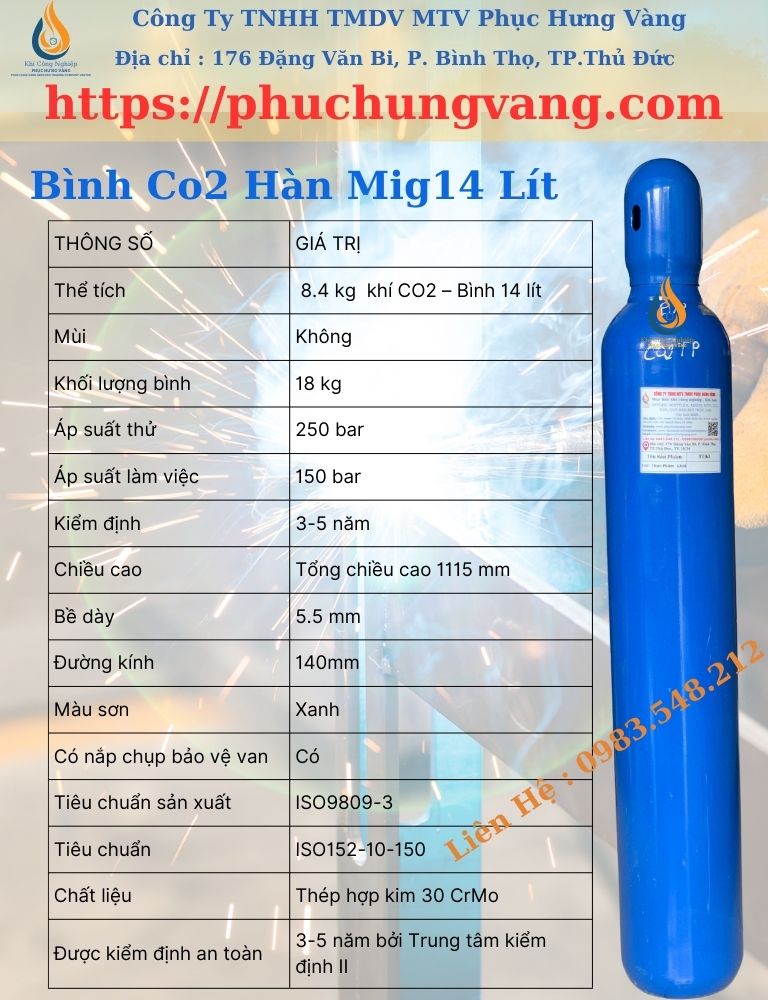 Bình Khí CO2 14 lít - Hàn MiG