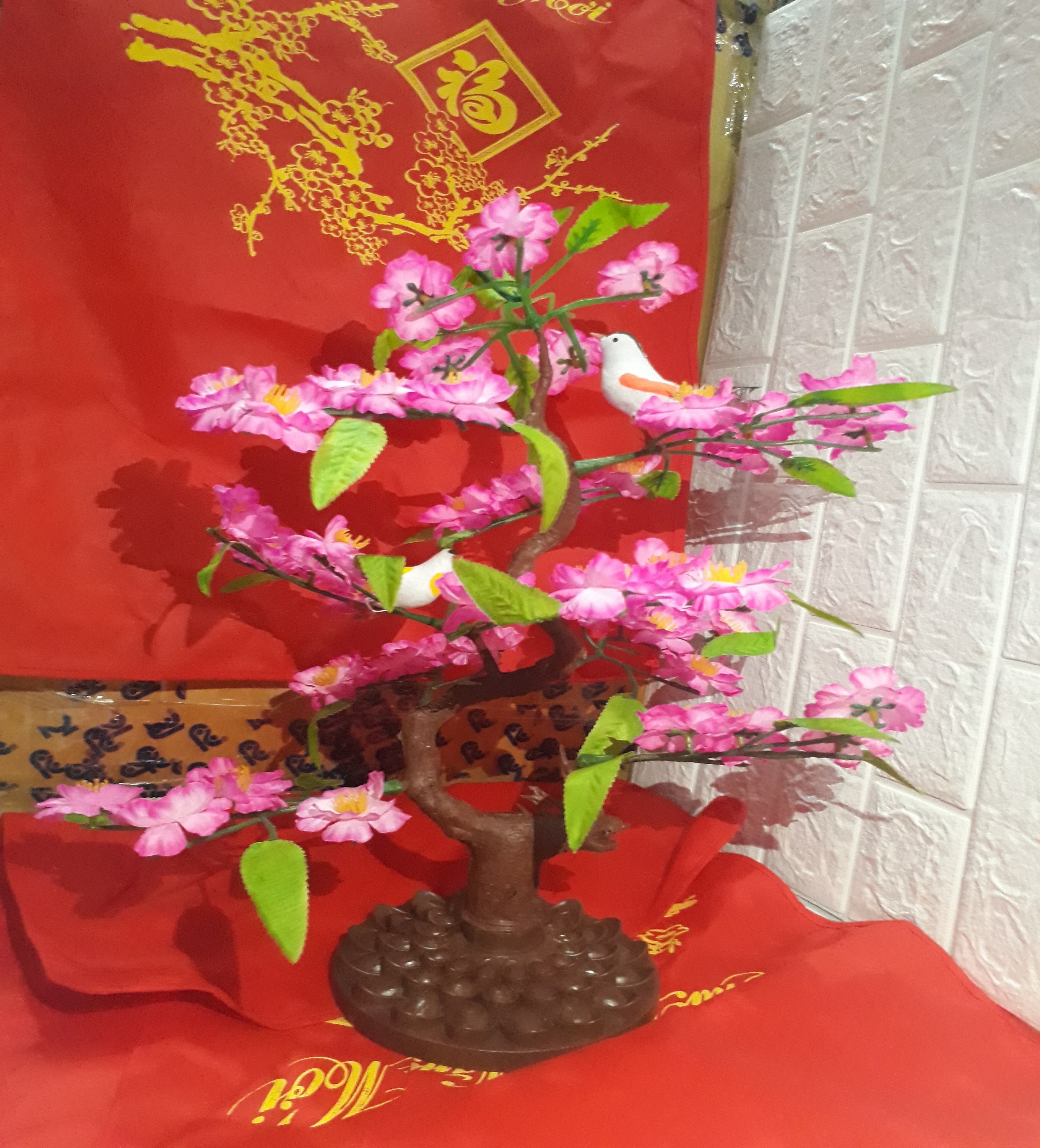 [HCM]Cây hoa mai hoa đào giả trang trí có cặp chim cao 50cm trang trí ngày tết mang lại tài lộc
