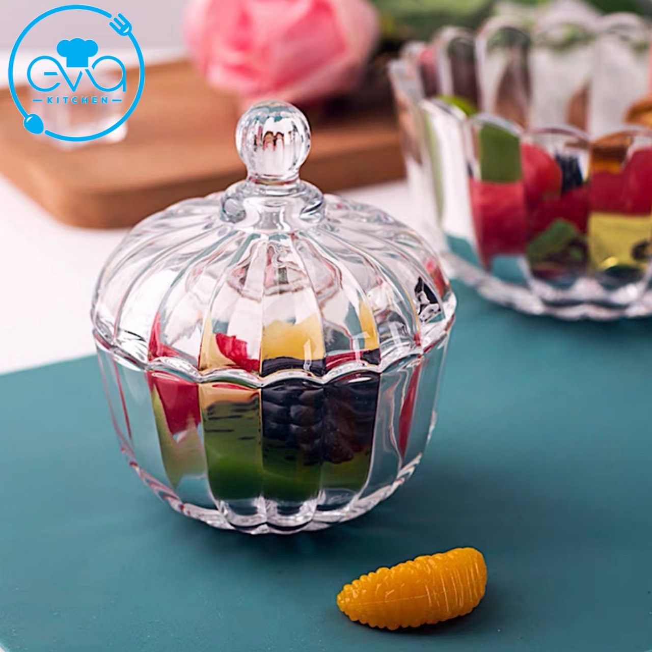 Thố Mứt Thuỷ Tinh Pha Lê Bí Sọc Nhỏ  Sang Trọng / Thố Mứt Tết Sọc Bầu  Deli TG2030-1 M3574