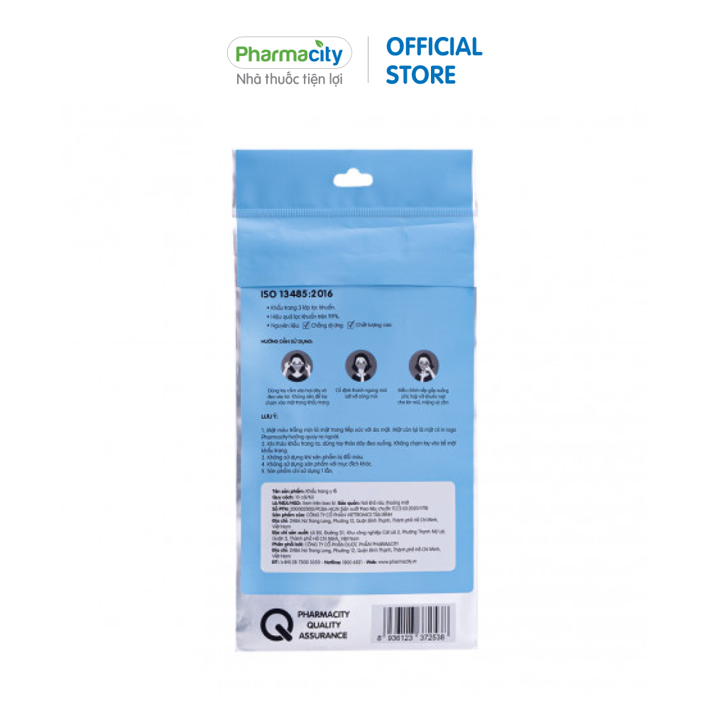 Khẩu trang y tế Pharmacity màu xanh dương (Gói 10 cái)