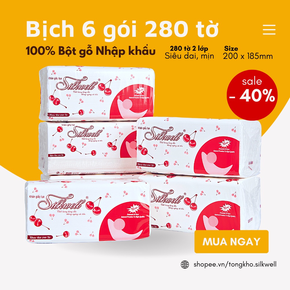 Combo 6 giấy ăn rút lụa 280 tờ Silkwell bột giấy Indo nhập khẩu cao cấp