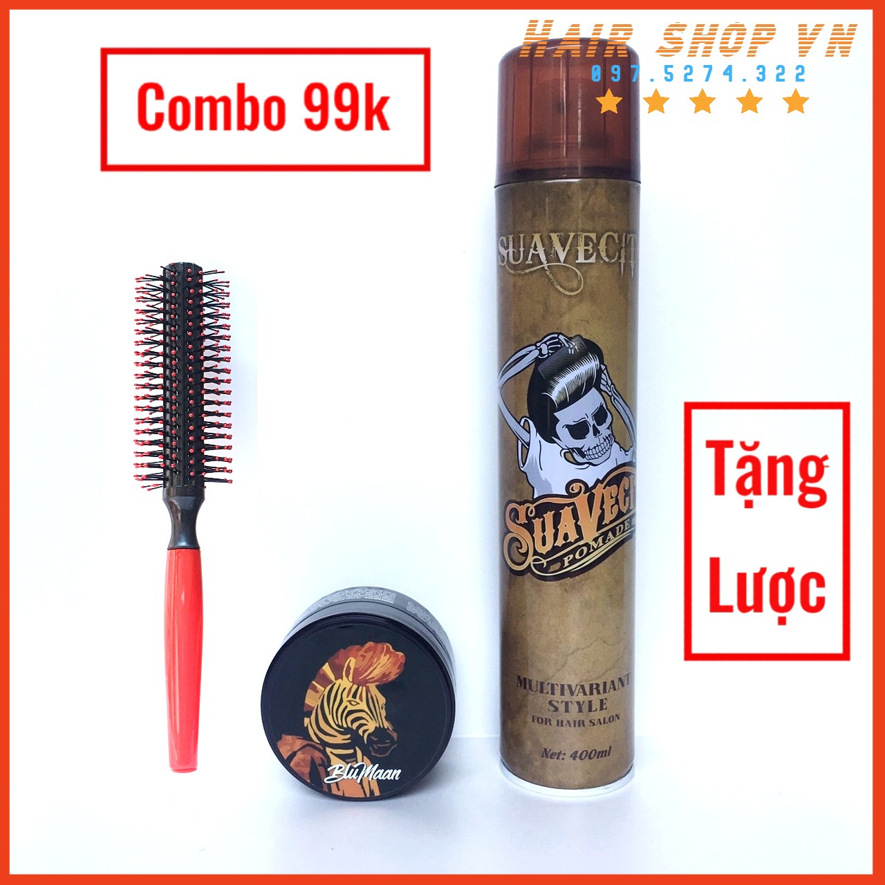 [ HOT ] COMBO Gôm Xịt Toc Suavecsito + Sáp Vuốt Tóc Blumaan Ngựa Vằn + L:ược
