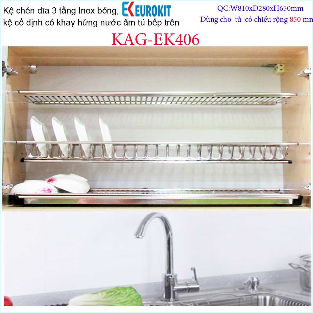 [HCM]Kệ chén dĩa âm tủ 3 tầng chữ V KAG-EK406-85cm Kệ  đựng chén bát 3 tầng Eurokit kệ chén âm tủ 85cm Inox bóng cao cấp