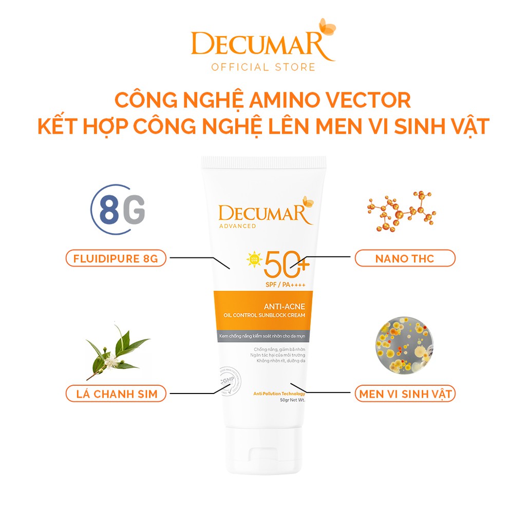 Kem chống nắng Decumar Advanced Sunblock 50g kiểm soát nhờn cho da mụn