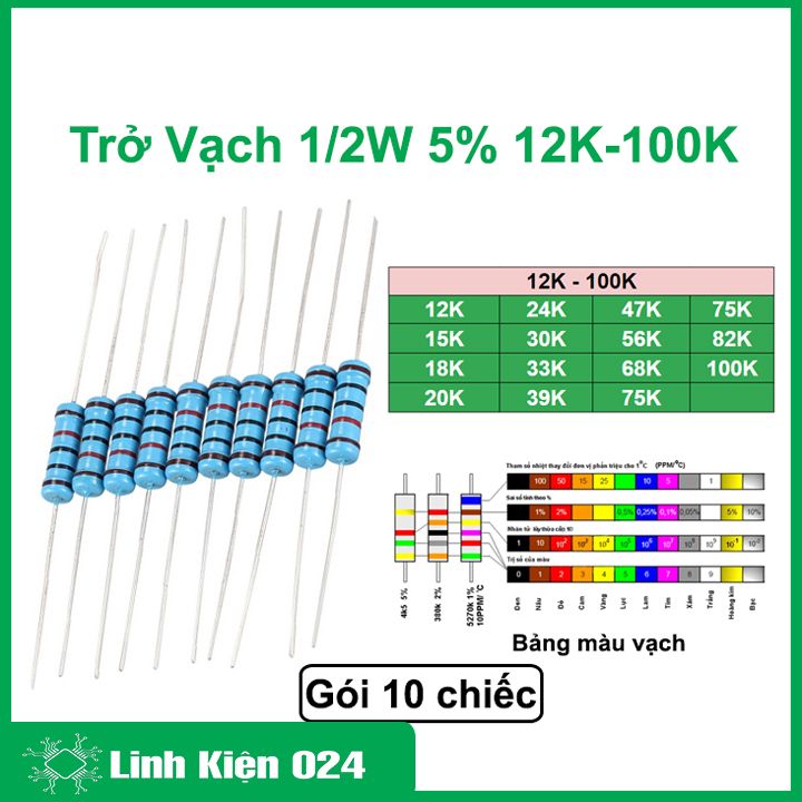 Trở vạch 1/2w 5% chân cắm giá trị từ 12k - 100k
