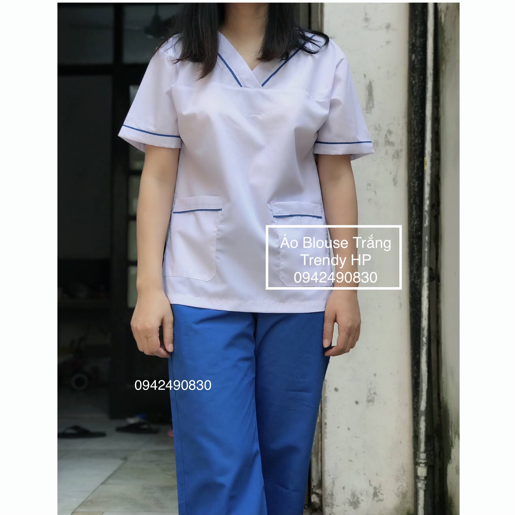 Bộ quần áo cố tim trăng viền xanh cô ban kết hợp quần xanh cô ban Nam Nữ cho điều dưỡng, dược sỹ, y tá, thẩm mỹ viện, spa