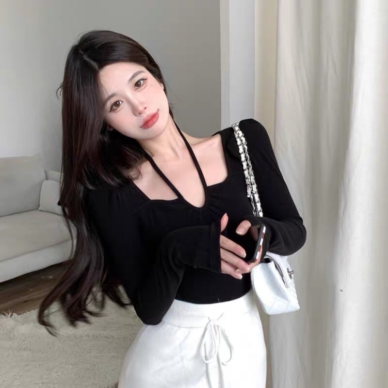 Áo kiểu thun croptop tay dài phối kiểu tiểu thư