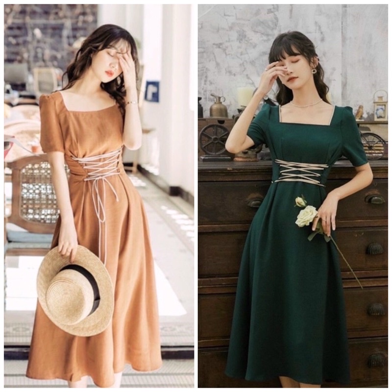 Đầm kem đan dây eo 2 màu