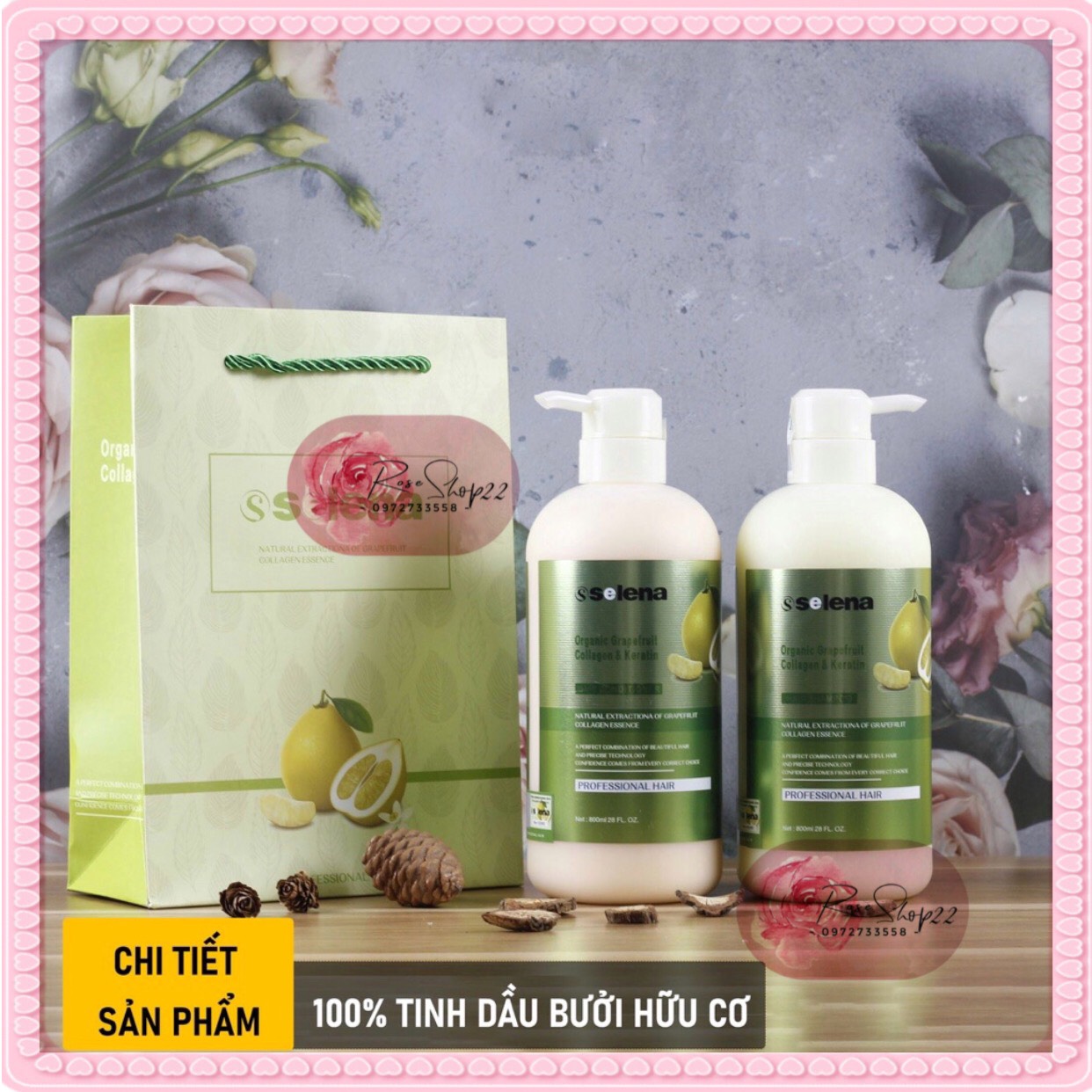 Gội Xả Bưởi Kích Thích Mọc Tóc Selena Organic Grapefruit Collagen và Keratin 800ML
