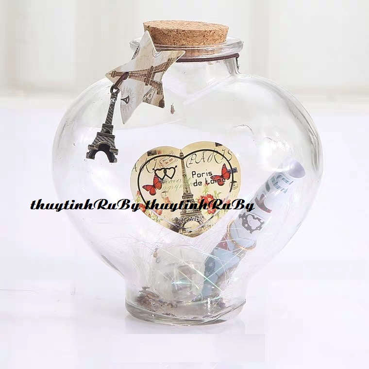 Hũ lọ trái tim điều ước, (tặng kèm tháp Eiffel), lọ trái tim thủy tinh trang trí, hộp quà tặng đựng hạc giấy, lọ đựng ngôi sao điều ước