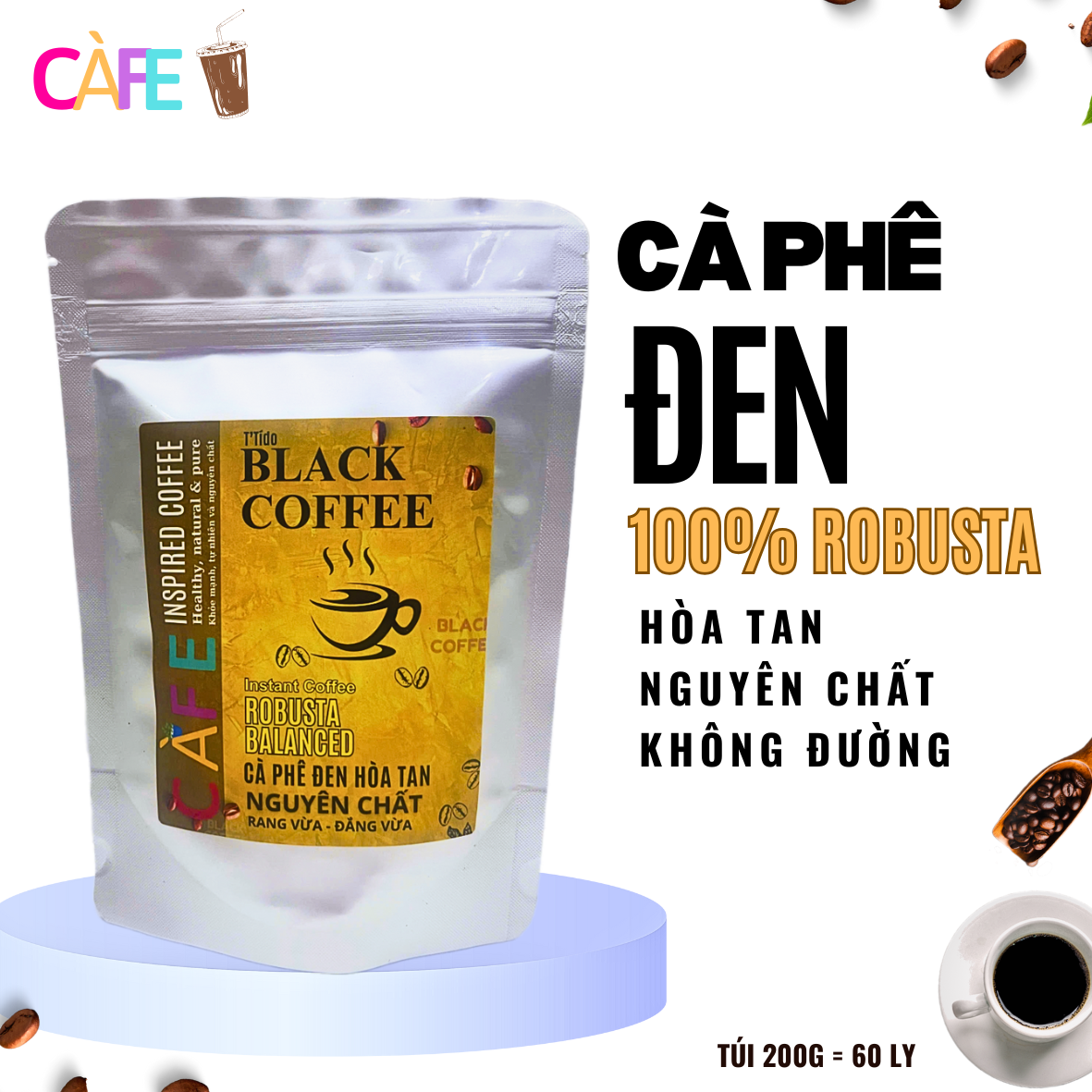 (Combo 2 túi) Cà phê hòa tan nguyên chất, cafe đen hòa tan 100% Robusta và blend Robusta & Arabica