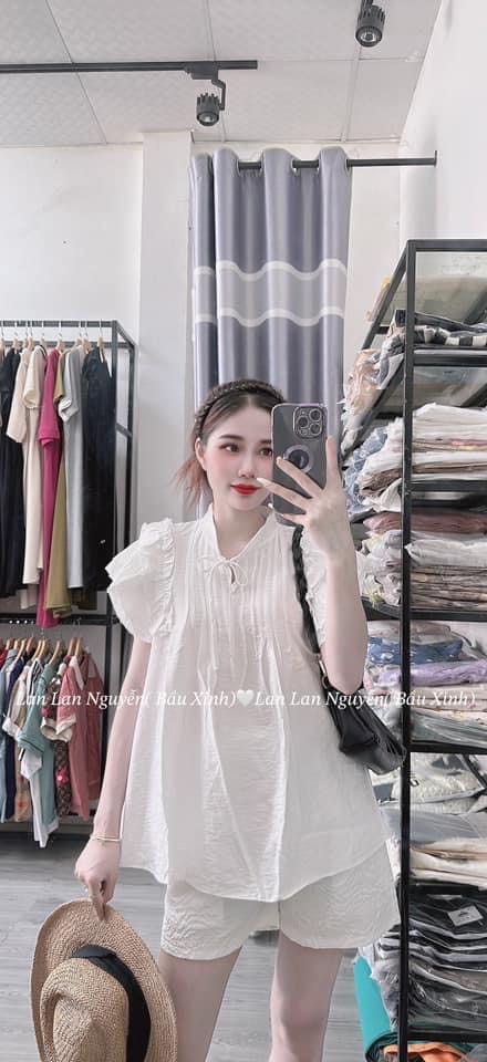 áo bầu sơ mi cộc tay trắng xếp tầng xinh xắn-hàng đẹp có size