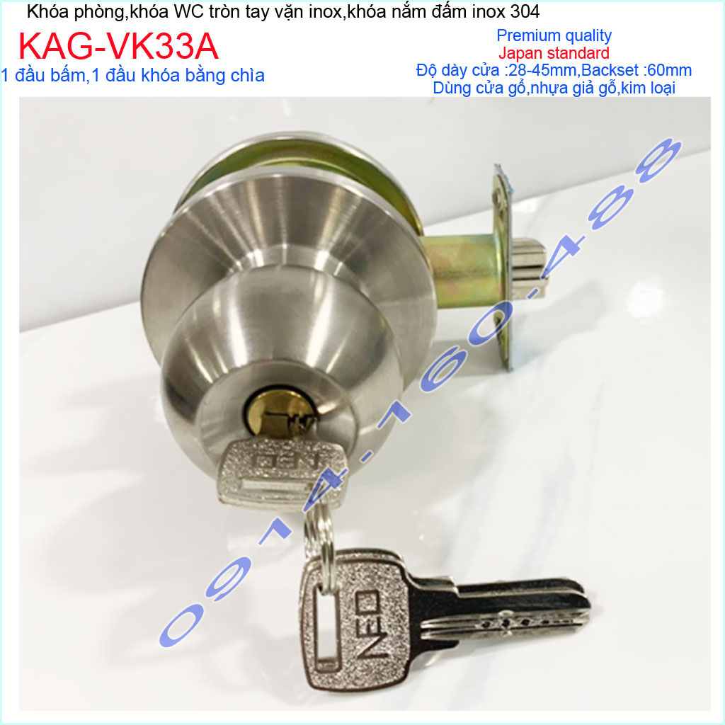 [HCM]Khóa cửa phòng cao cấp KAG-VK33A khóa tay nắm tròn 1 đầu ấn 1 đầu chìa khóa phòng ngủ an toàn giá tốt chất lượng cao