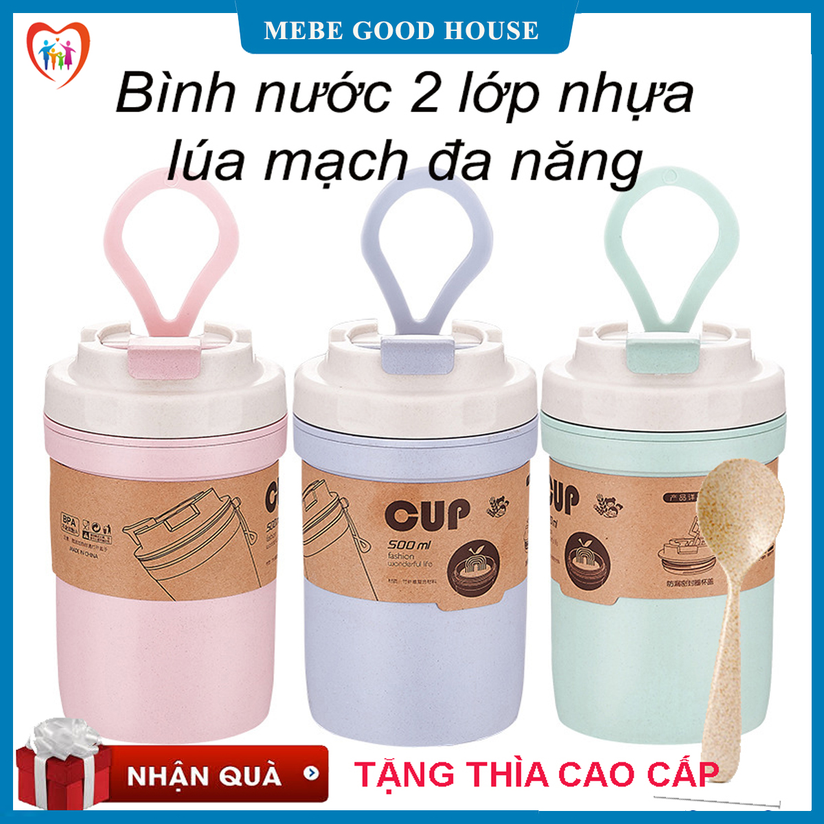 Bình nước nhựa lúa mạch 2 lớp 500ml