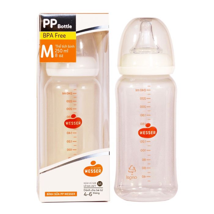 Bình sữa PP Wesser cổ hẹp 250ml ( núm vú size M )