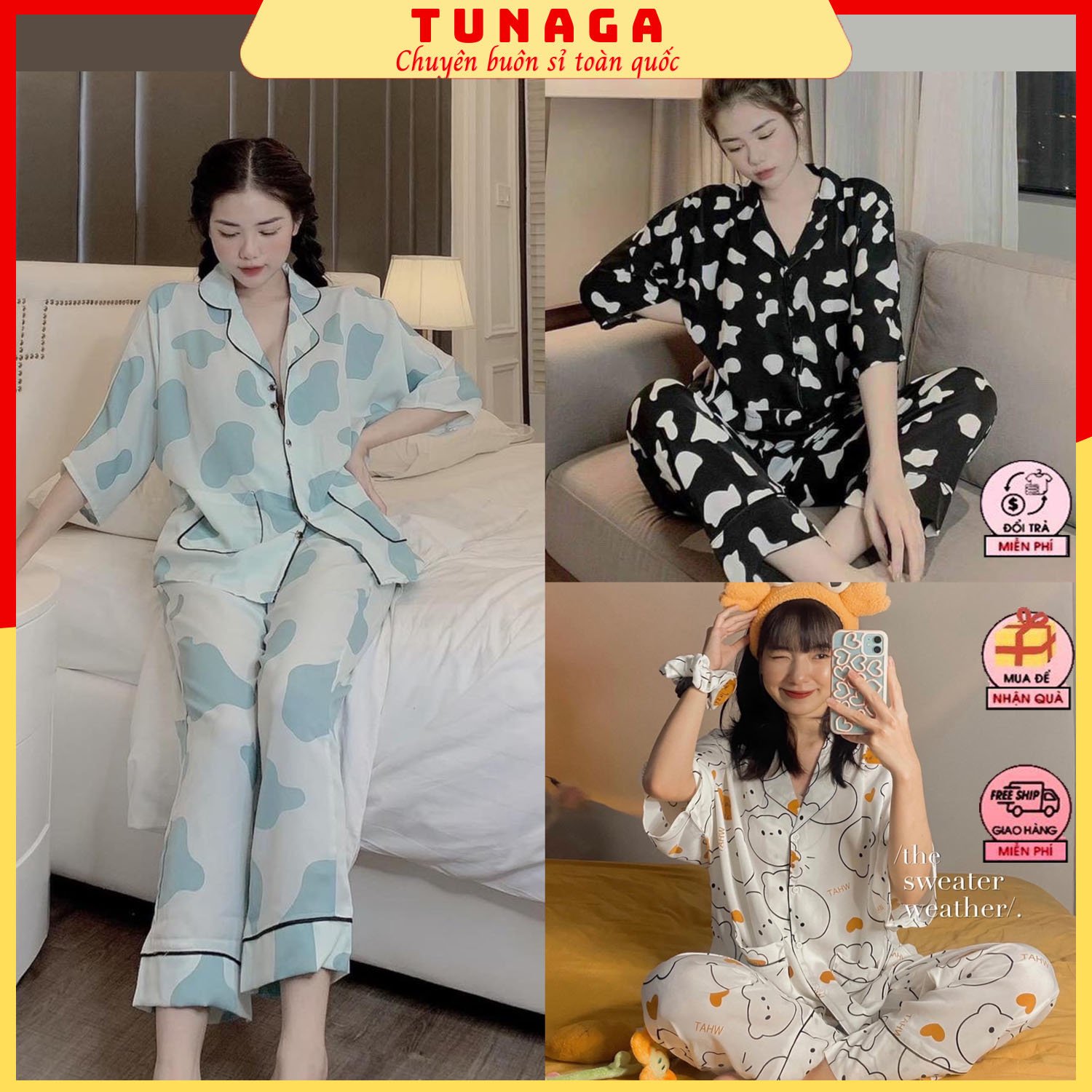 [ĐỒ MẶC NHÀ] Bộ Pyjama Mặc Nhà-Bộ Đồ Lụa Áo Cộc Quần Dài Siêu Xinh