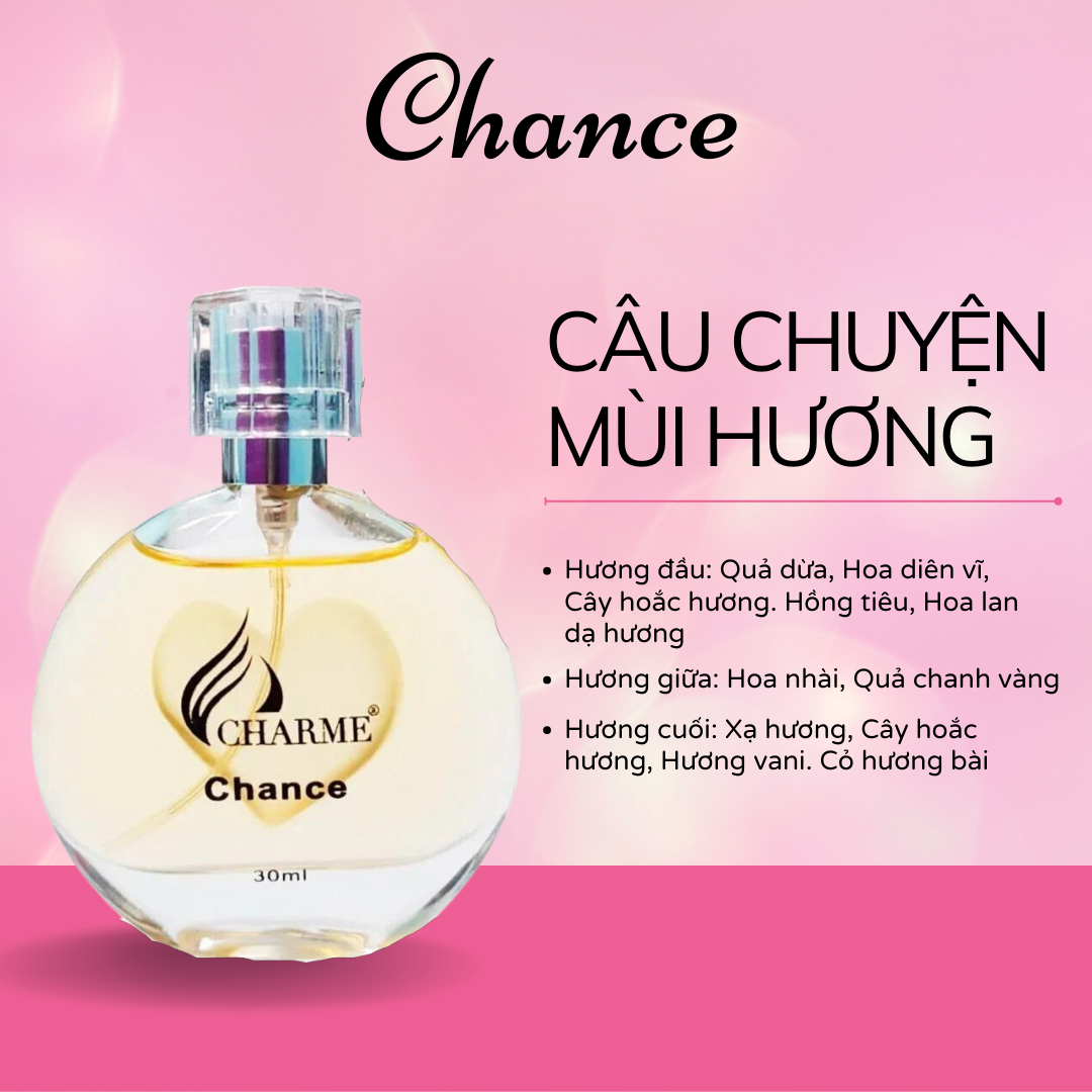 Nước Hoa Nữ Charme Chance 30ml,Nước Hoa Chính Hãng,Nước Hoa Cao Cấp,Nước Hoa Tỏa Hương Xa,Nước Hoa Thơm Lâu 48H