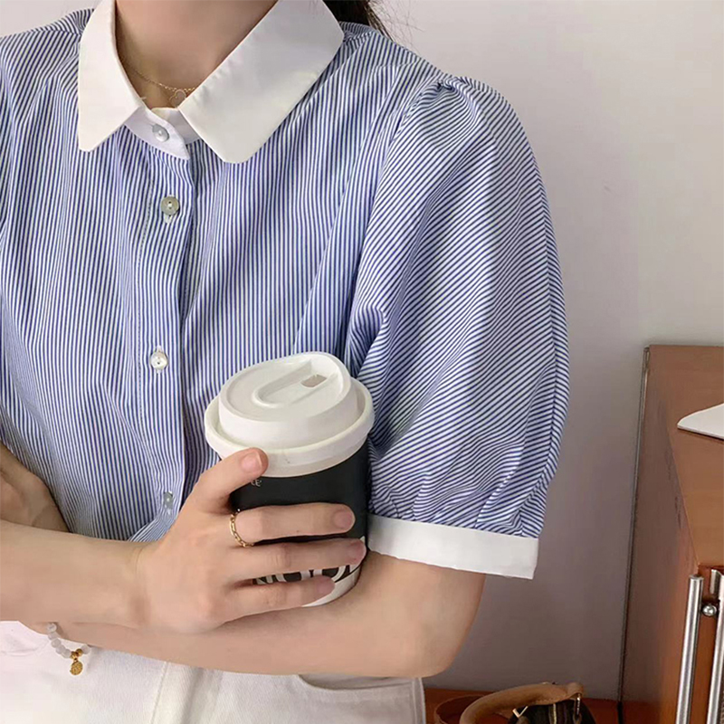 Áo sơ mi kẻ tay ngắn cổ bo góc tay áo bo phối viền trắng áo sơ mi kẻ ulzzang thời trang sugal top nu 070v5